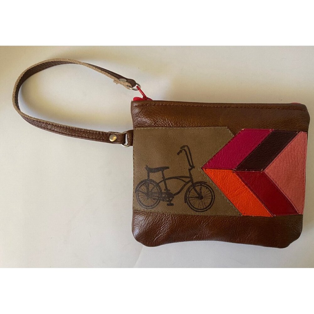 Leather Wallet Zip pouch Schwinn‎ bicycle Lined Handmade pink red orange